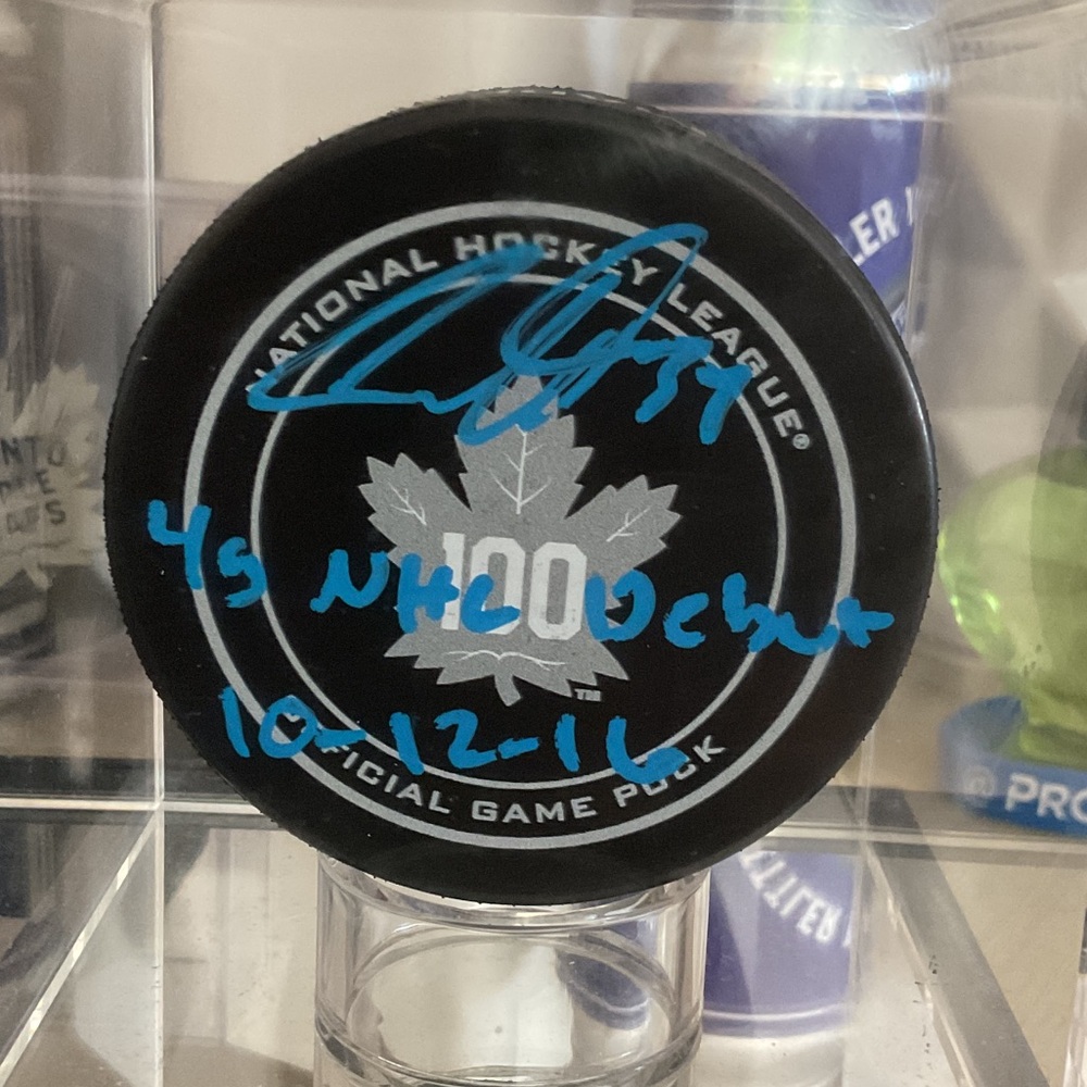 Autographed Authentic MATTHEWS 100 anniversary puck with 4 goals - Picture 2 of 3